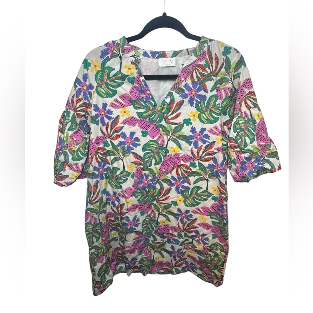 Fate‎ Womens Tropical Floral Cotton  Dress V-Neck Ruffle Sleeve Medium White